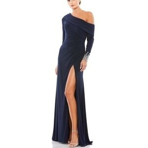 MAC DUGGAL Midnight Blue Beaded Cuff Drop Shoulder Faux Wrap Evening Gown